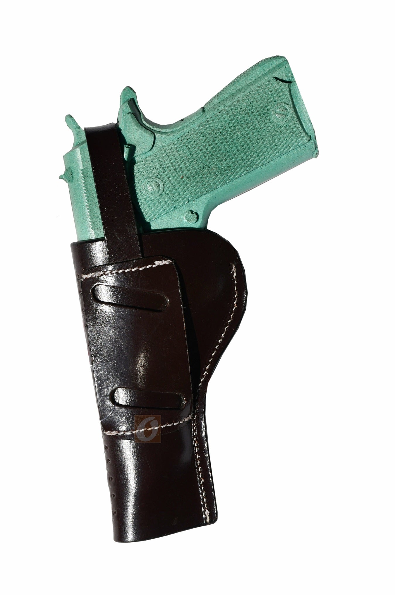 Rear view of a right-hand OWB 1911 holster in brown leather, built with reinforced belt slots for long-lasting wear.