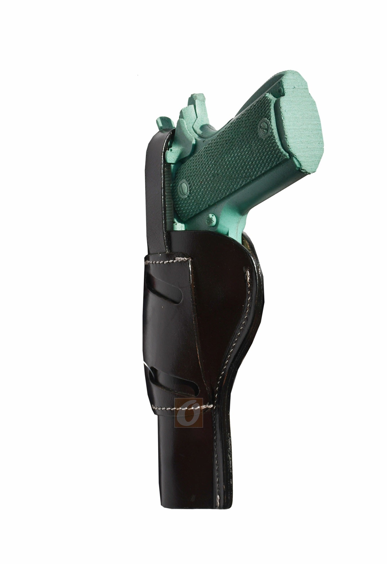 Angled view of a Western-style 1911 holster, crafted from premium full-grain leather with a secure belt attachment.