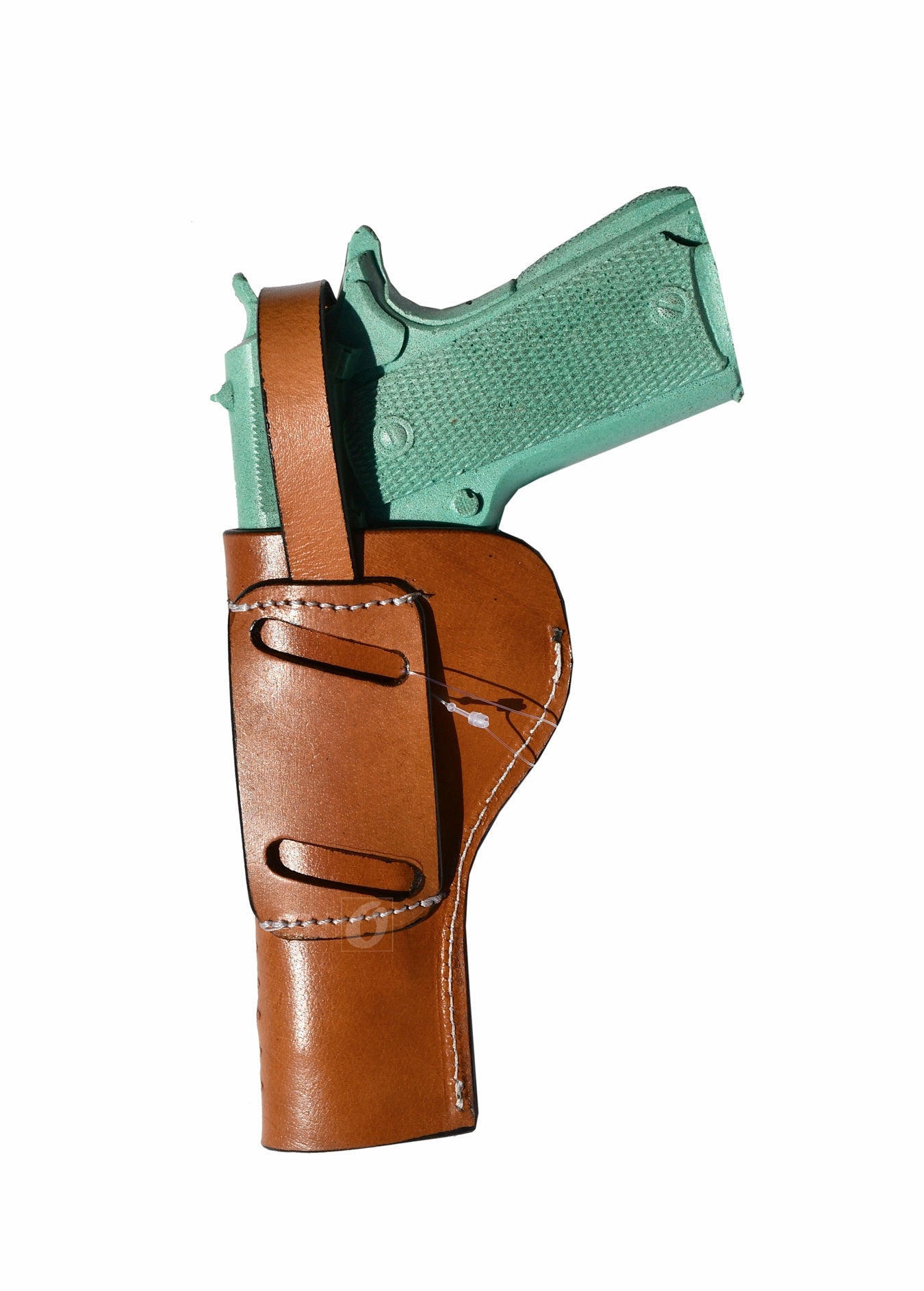 Backside of a concealed carry leather holster for 1911, built for secure outside the waistband (OWB) carry.