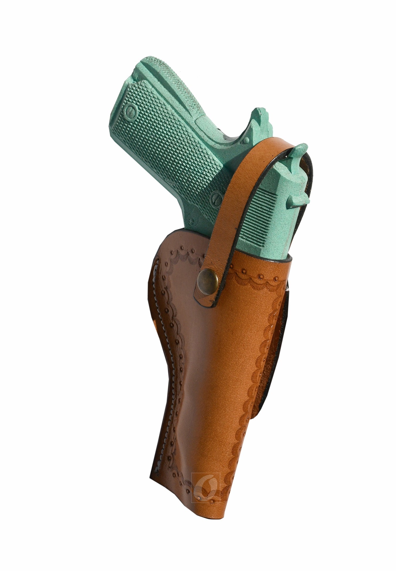Side shot of a custom 1911 leather holster, designed for all-day comfort and retention.