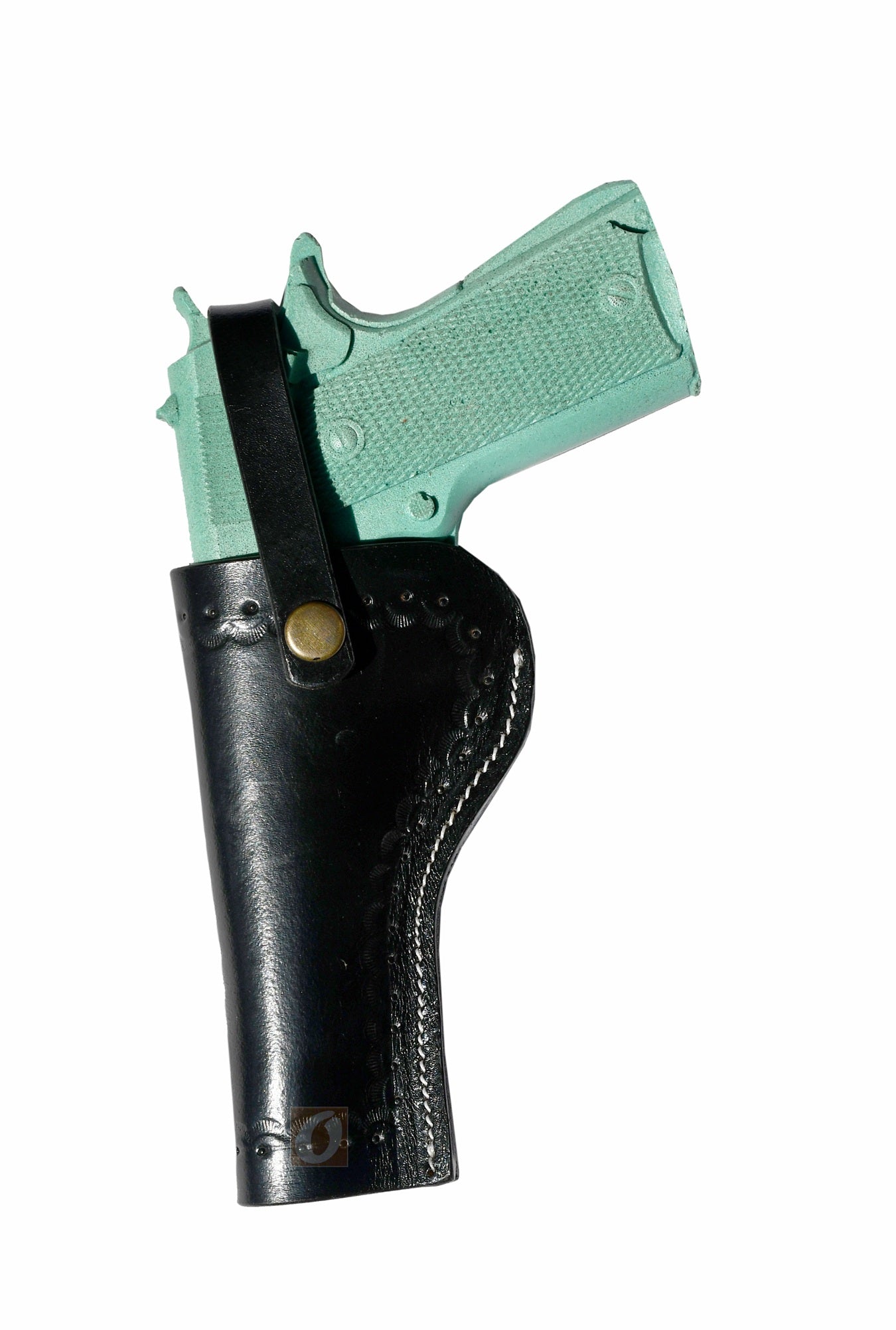 Left-handed black sea shelll tooled 1911 leather holster, crafted for secure OWB carry with premium leather.