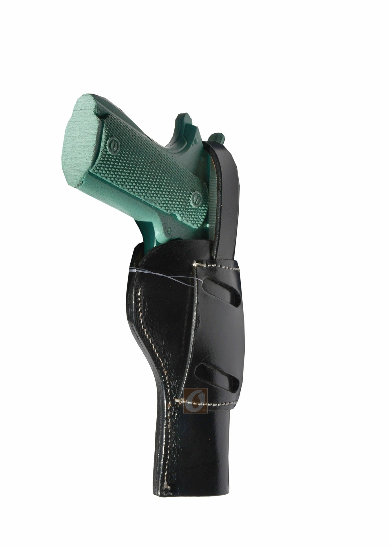 Angled perspective of a black OWB 1911 holster, made with thick leather for long-term durability.