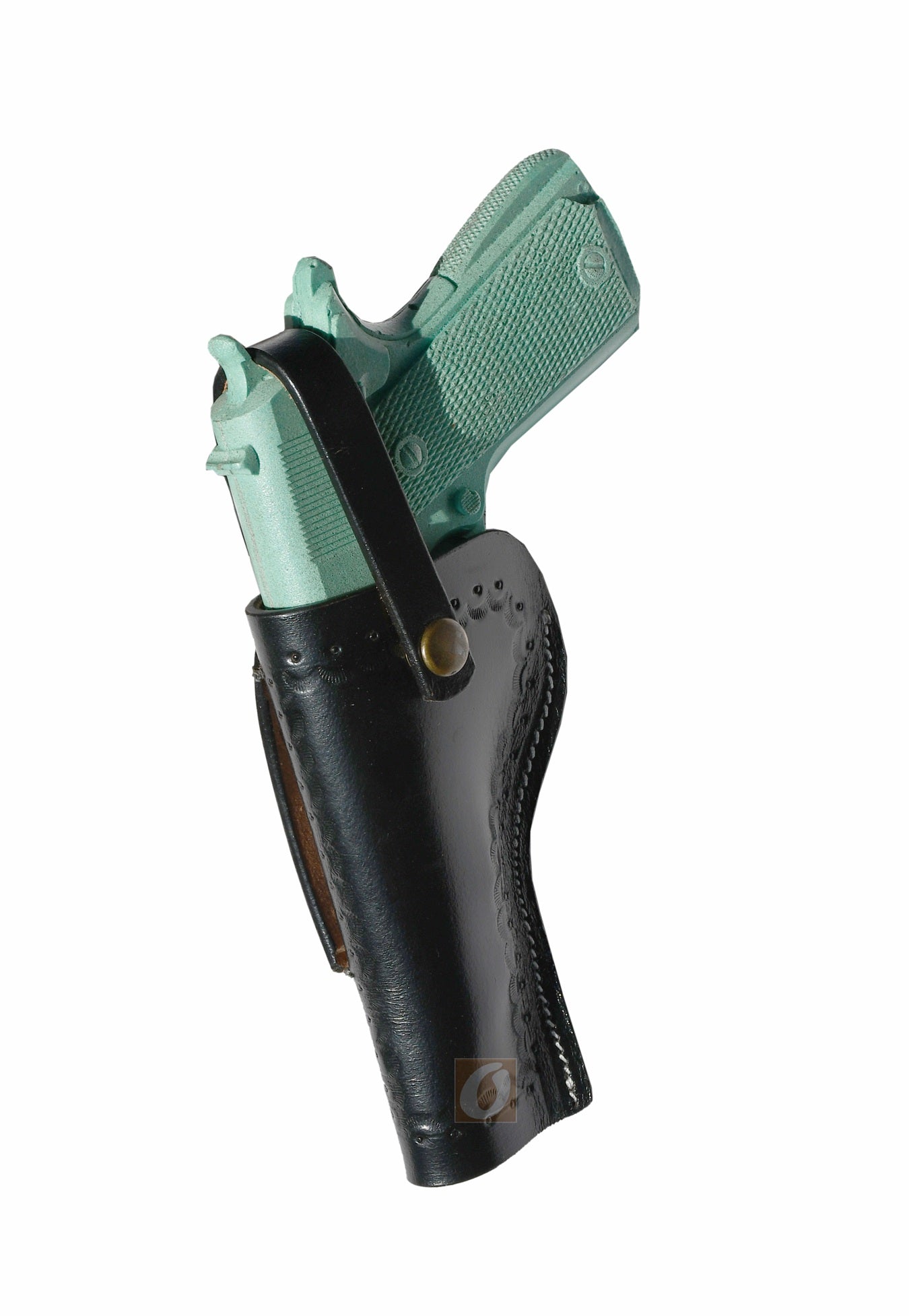 Side view of a Western-style 1911 holster, designed for fast draw and strong retention.