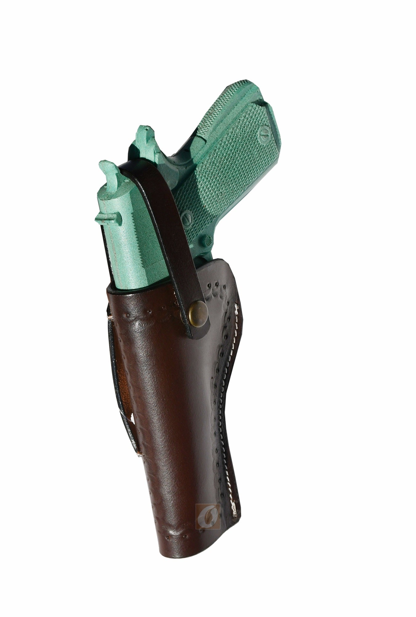 Side profile of a handmade 1911 holster, offering precision molding and reinforced stitching