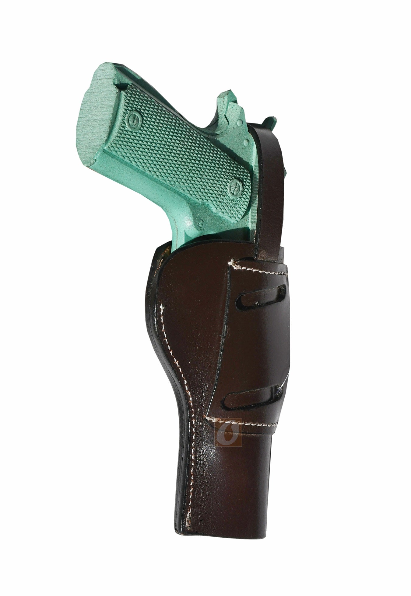 Angled view of a custom brown OWB 1911 holster, built for comfort, retention, and a traditional Western look.
