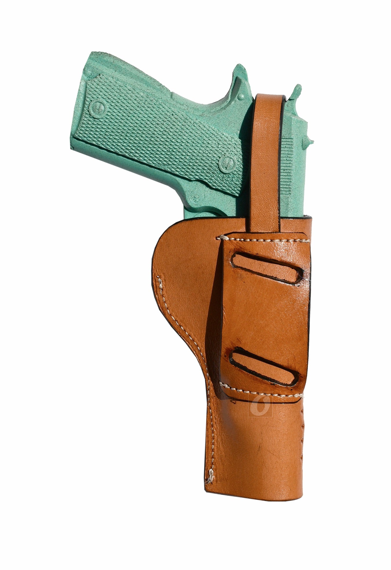 Back view of a left-hand concealed carry 1911 holster, made from high-quality leather with a rugged design.