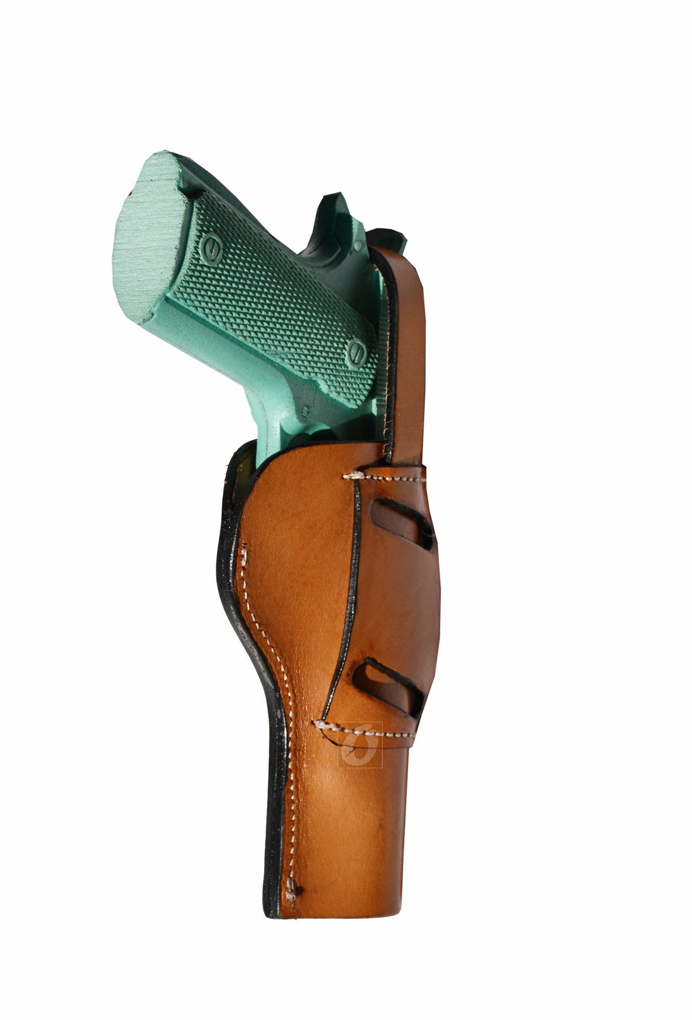 Side perspective of a Western-style tan 1911 holster, crafted for security and accessibility.