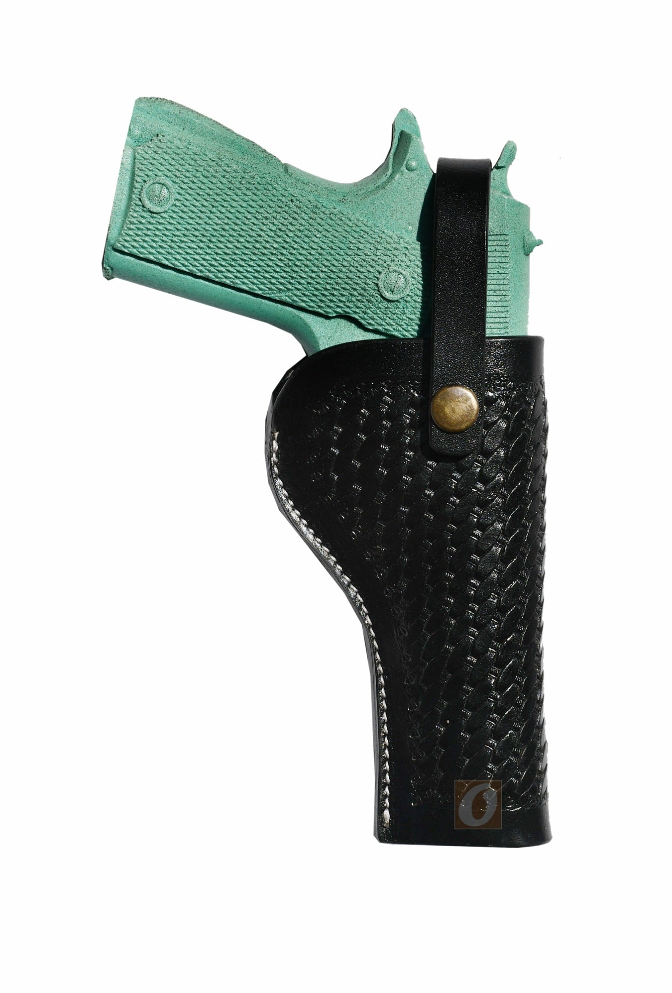 Classic black basket-tooled 1911 leather holster, crafted for durability and timeless Western styling.