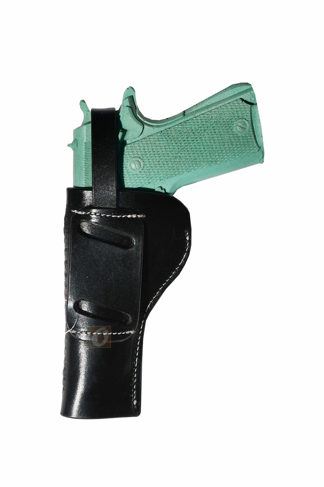 Rear shot of a right-hand OWB 1911 holster with traditional basket weave tooling, offering a rugged, textured grip.