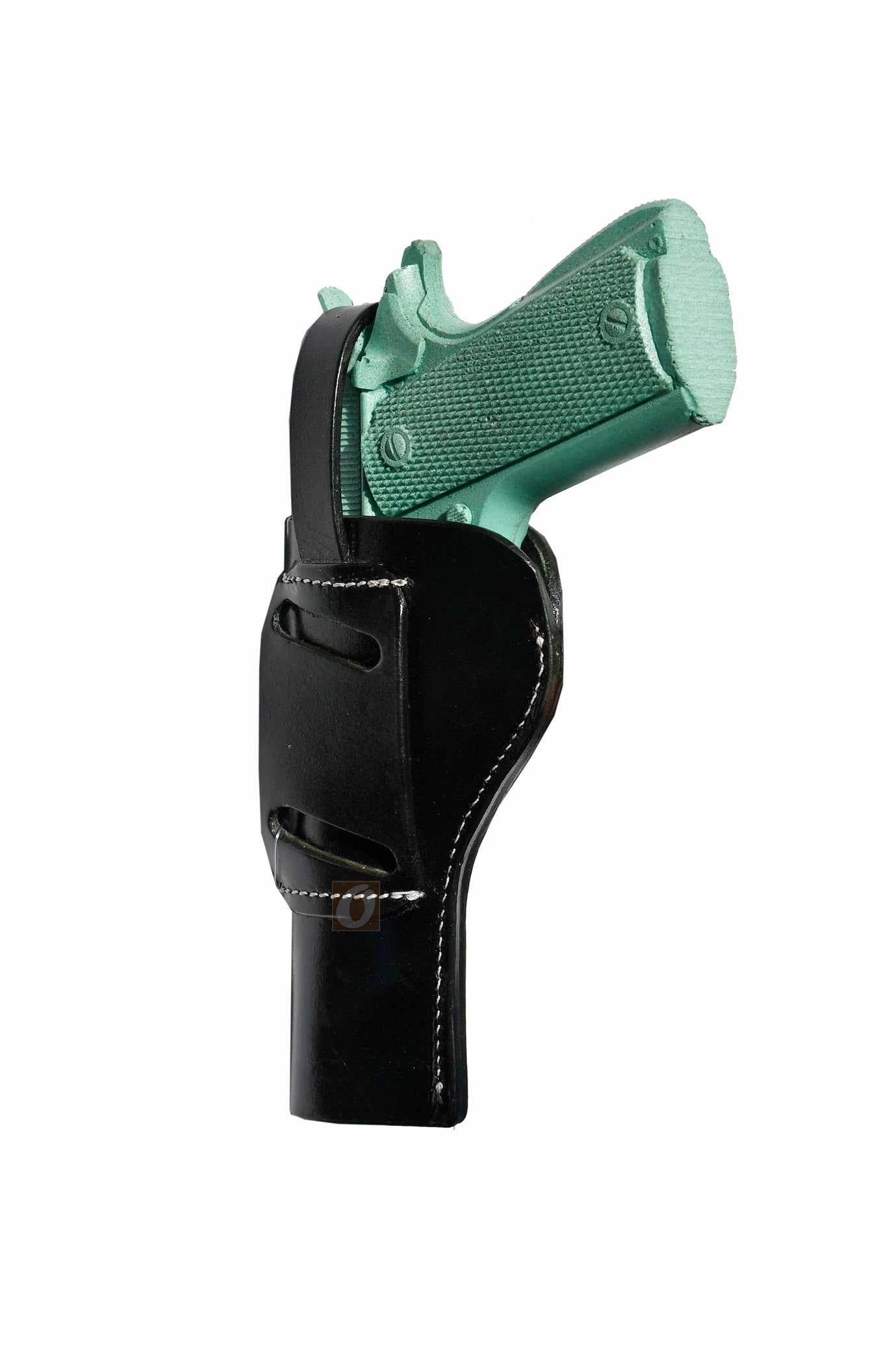 Side profile of a custom black leather 1911 holster, designed for secure firearm retention and smooth drawing.