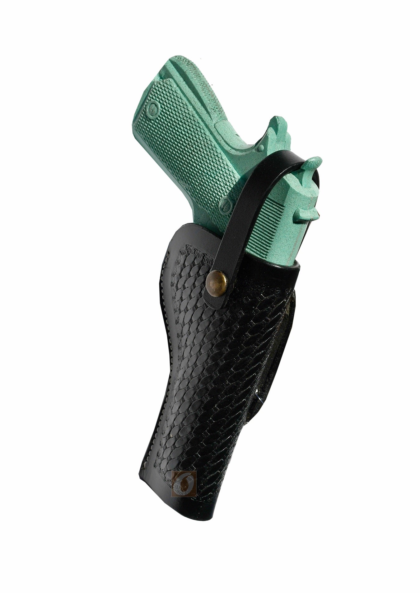 Angled view of a basket-tooled black leather holster for 1911, combining craftsmanship and performance.