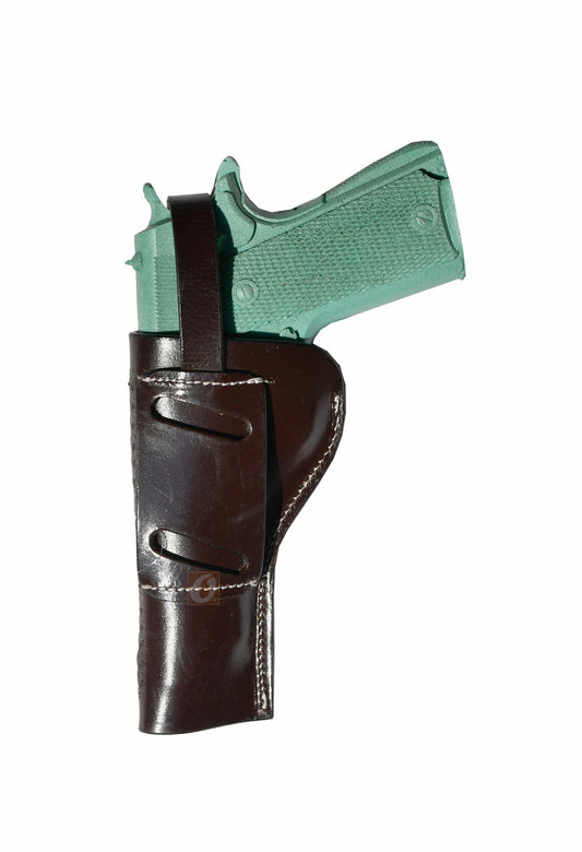 Backside of a right-hand OWB 1911 holster, featuring basket weave tooling and durable leather construction.