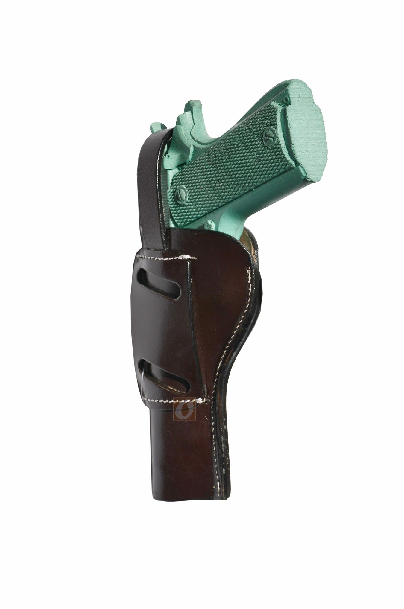 Side profile of a custom brown leather 1911 holster, molded for a snug fit and easy draw.