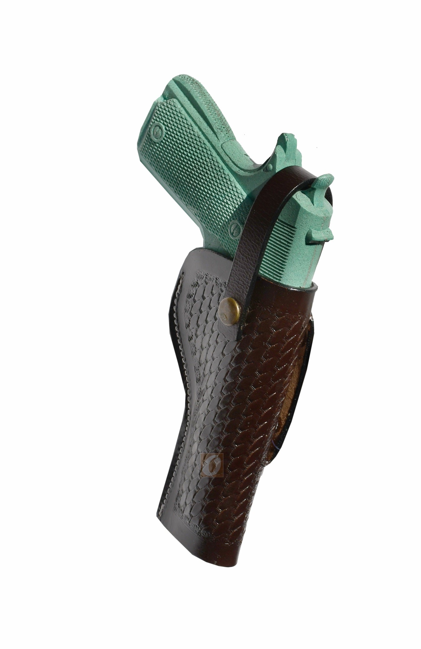 Angled view of a handcrafted brown basket-tooled 1911 OWB holster, showcasing premium craftsmanship.