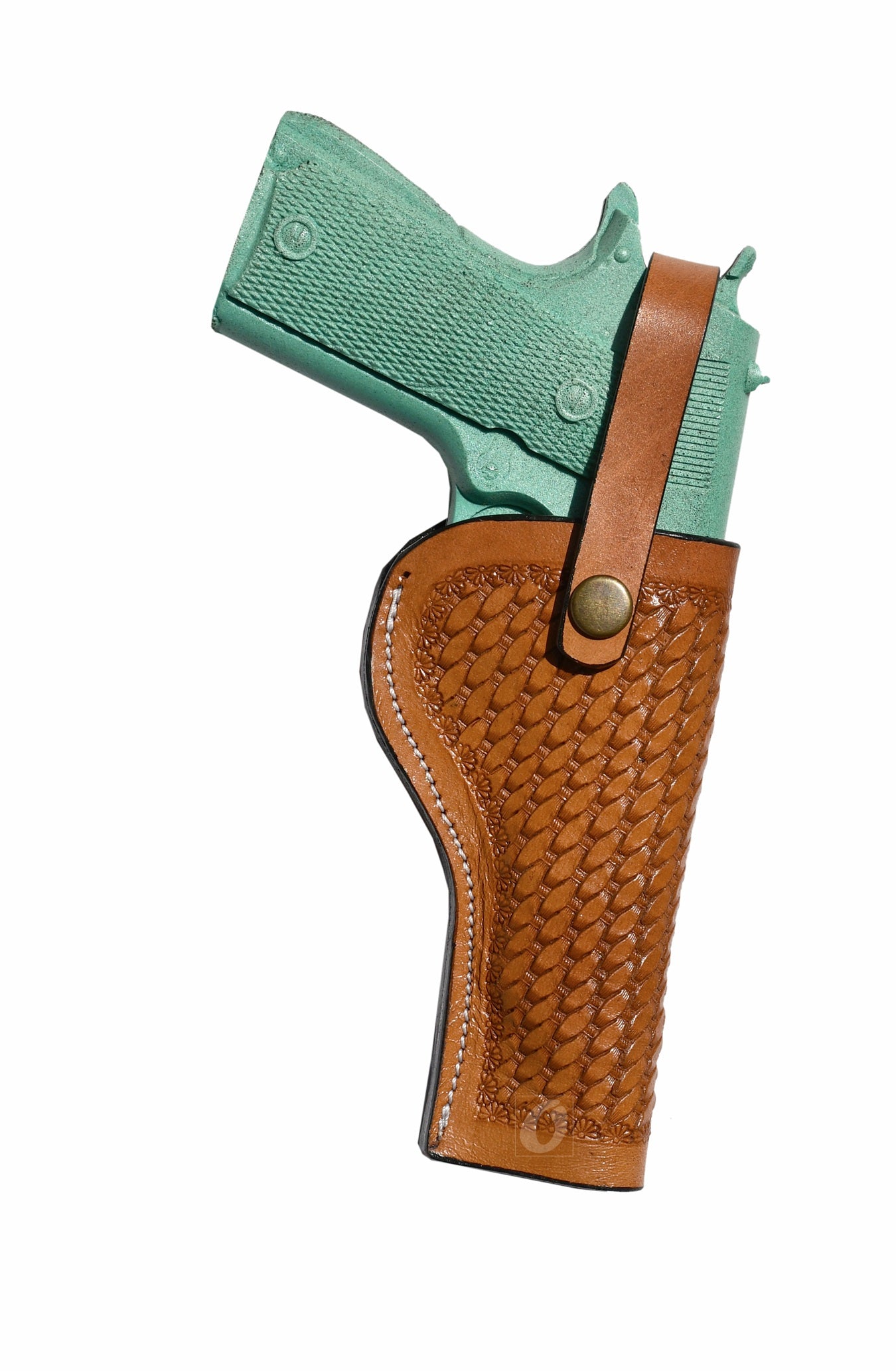 Right-handed tan leather holster for 1911, featuring deep basket weave tooling for a rugged look.