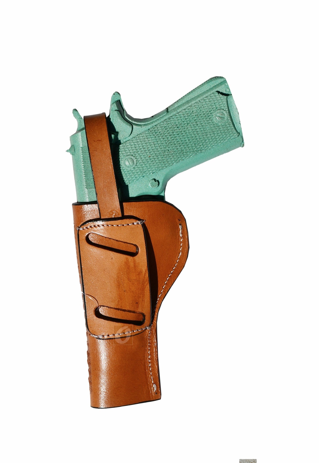 Rear view of a Western-style 1911 OWB holster, built from premium tan leather with reinforced belt loops.