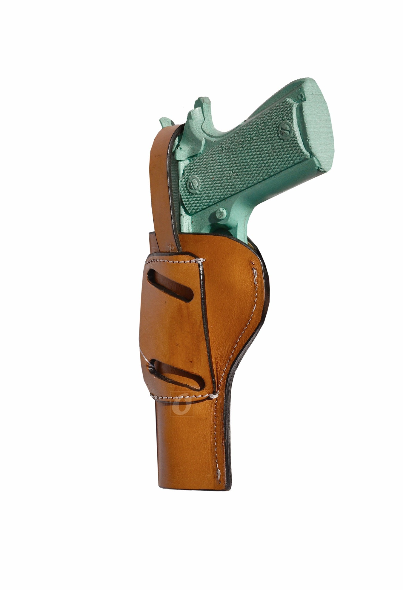 Side shot of a custom 1911 leather holster, emphasizing durability and security.