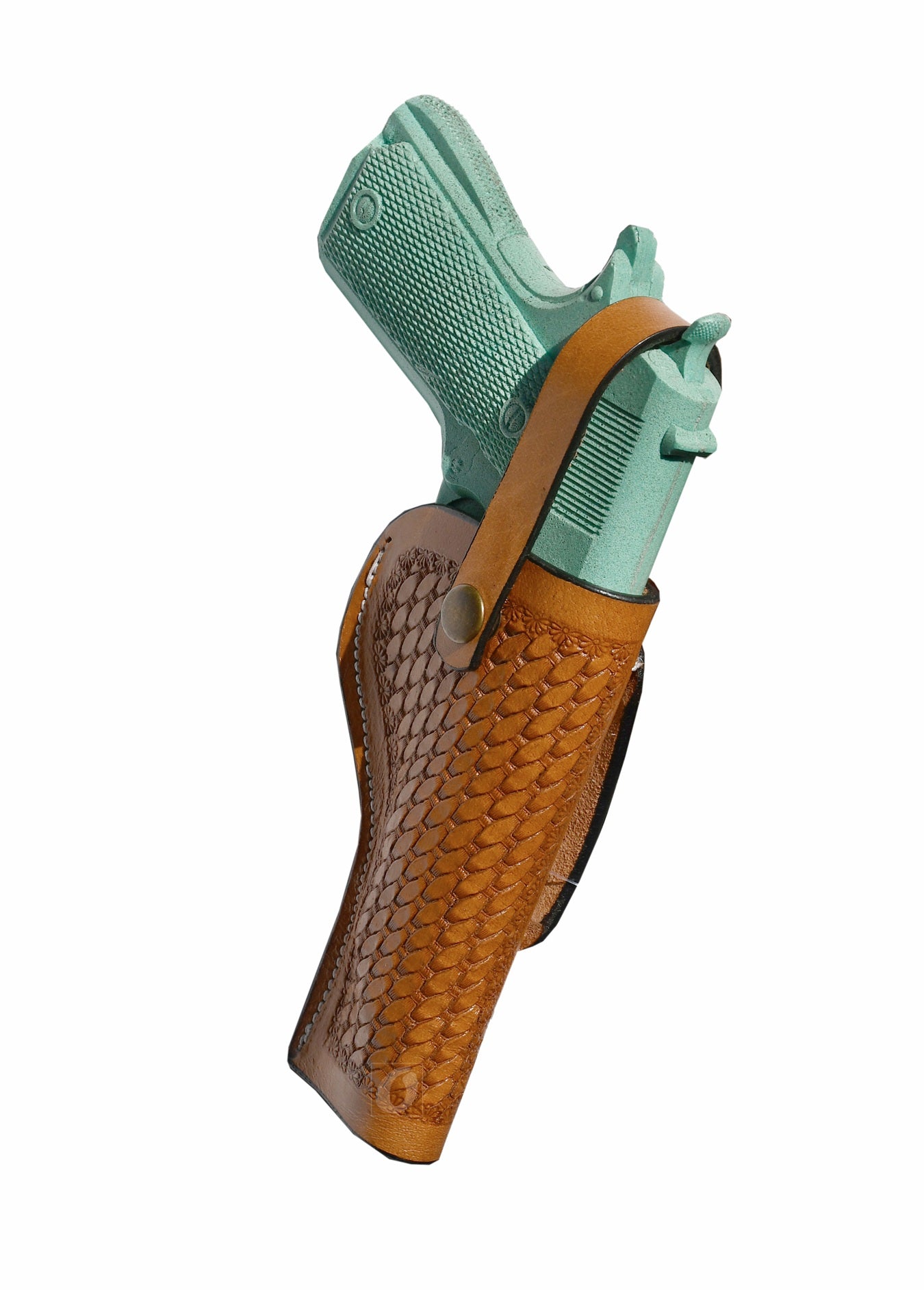 Angled view of a tan basket-tooled 1911 holster, perfect for everyday carry or cowboy action shooting.