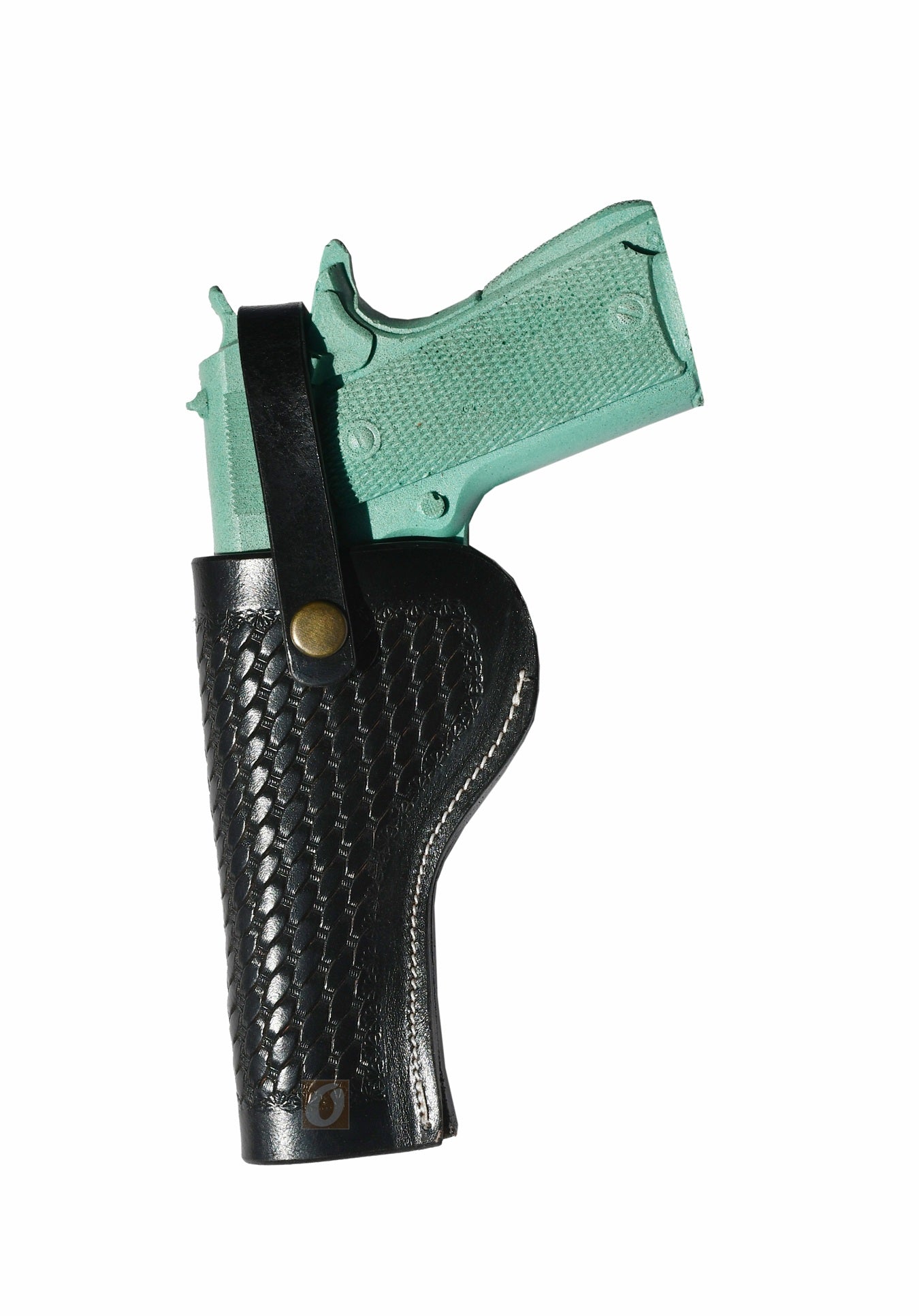 Classic black basket-tooled 1911 leather holster, left handed crafted for durability and timeless Western styling.