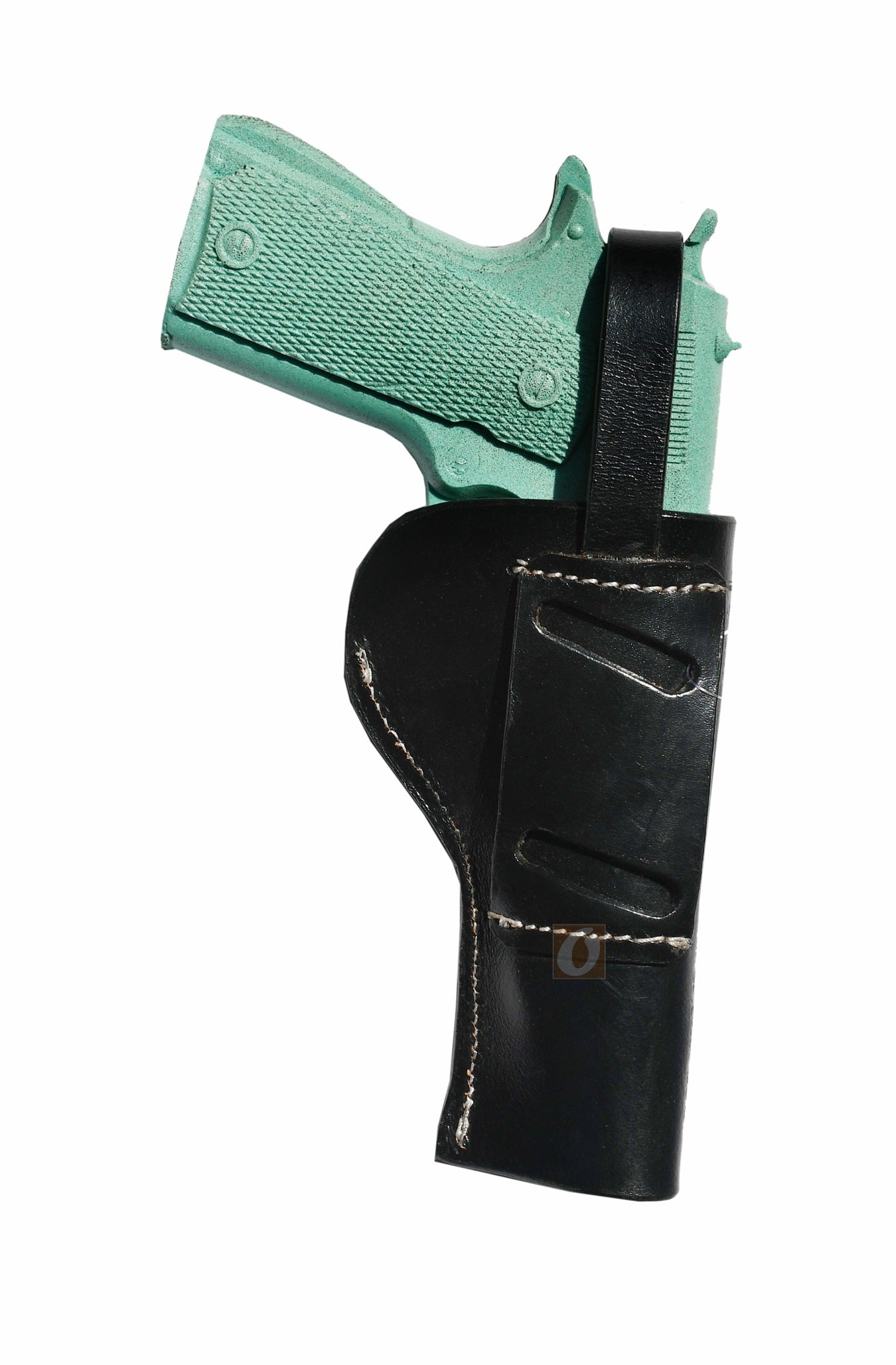Rear shot of a left-hand OWB 1911 holster with traditional basket weave tooling, offering a rugged, textured grip.