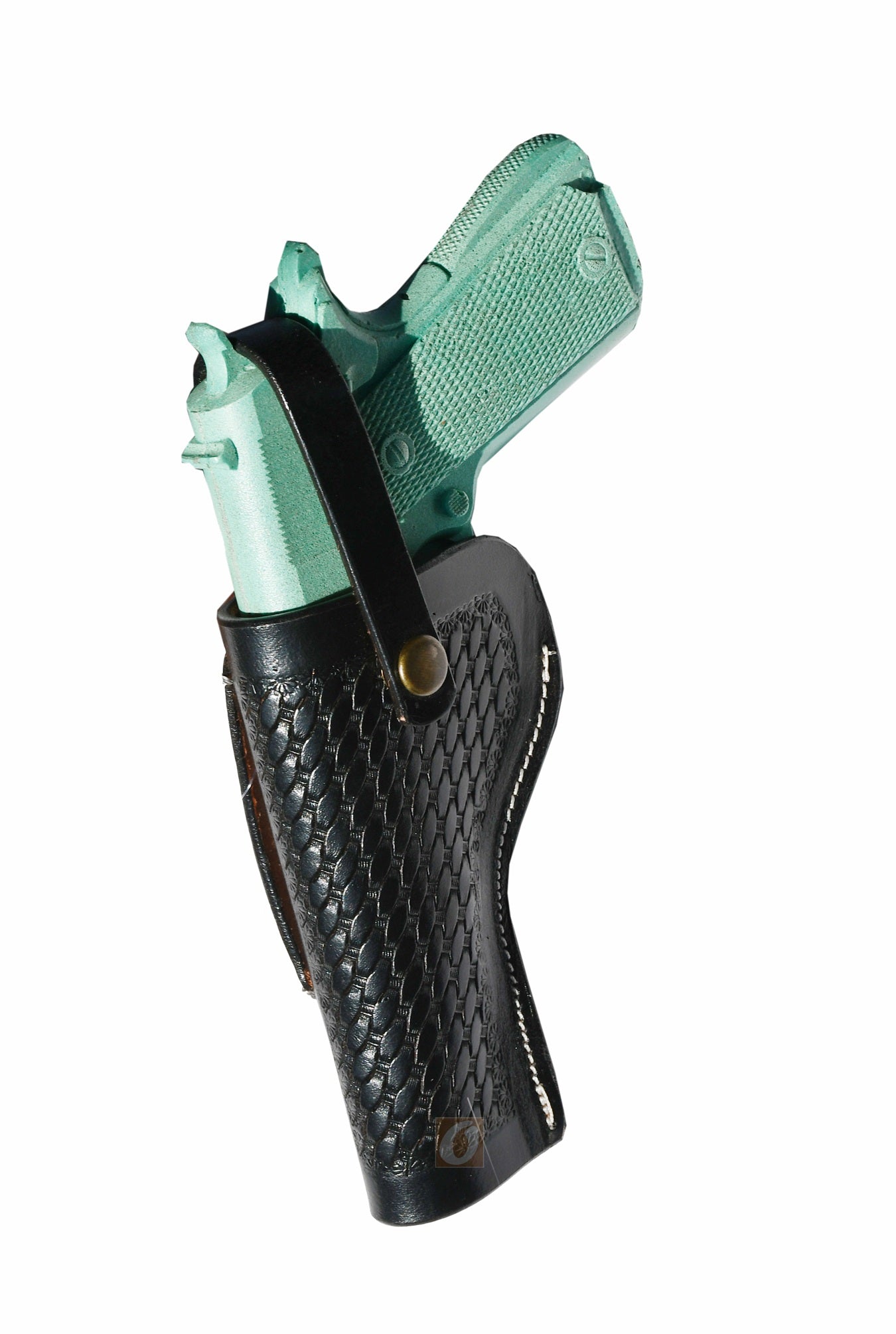 Angled view of a basket-tooled black leather holster for 1911, left handed combining craftsmanship and performance.