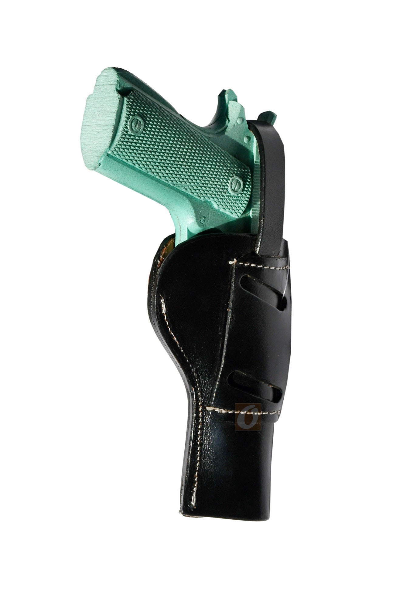Side profile of a custom black leather 1911 holster, left handed designed for secure firearm retention and smooth drawing.