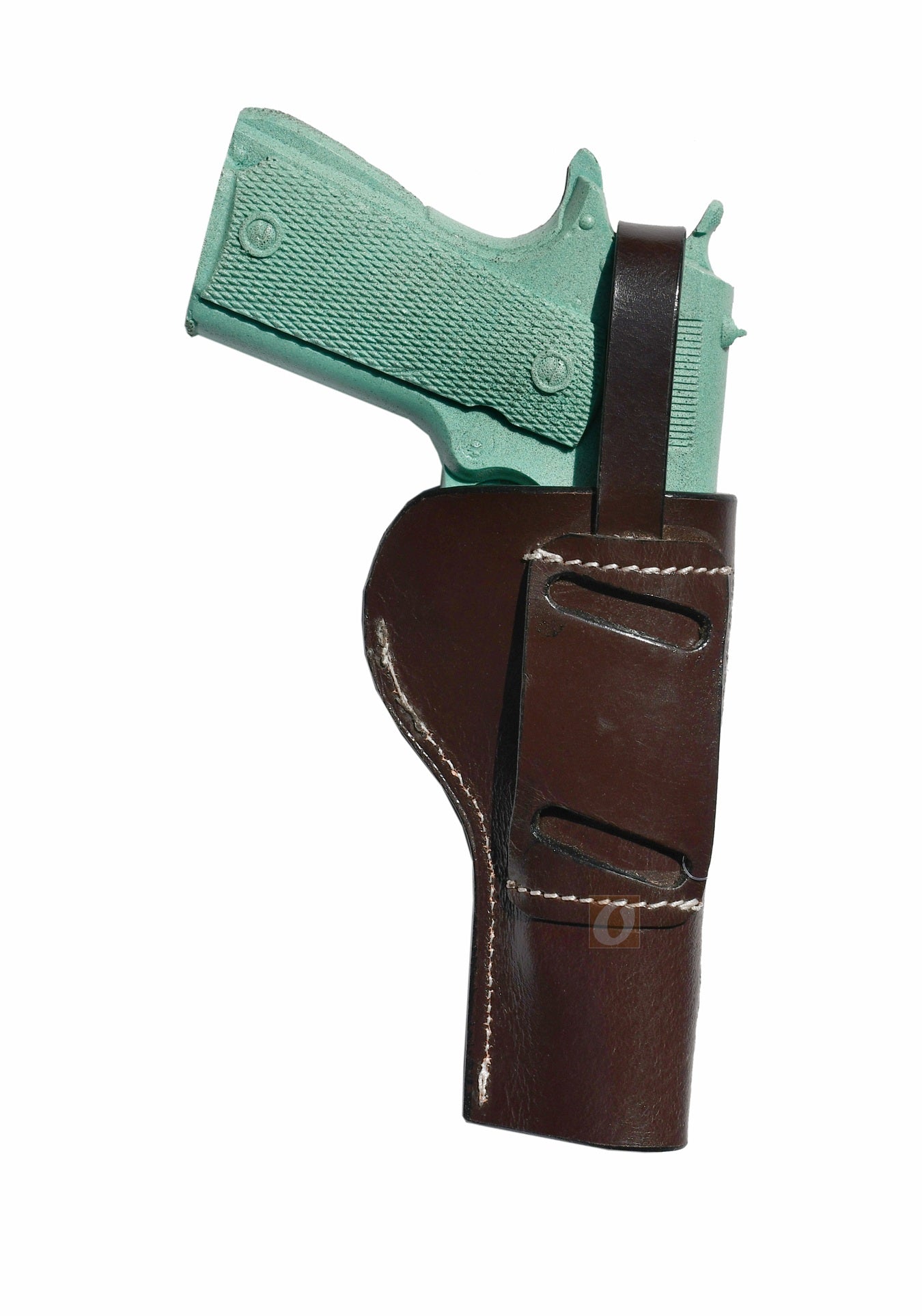 Backside of a left-hand OWB 1911 holster, featuring basket weave tooling and durable leather construction.