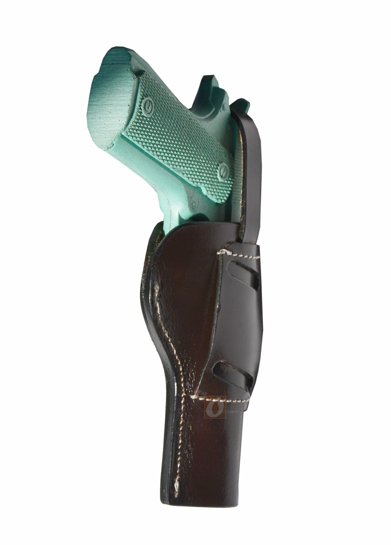 Side profile of a custom brown left handed leather 1911 holster, molded for a snug fit and easy draw.
