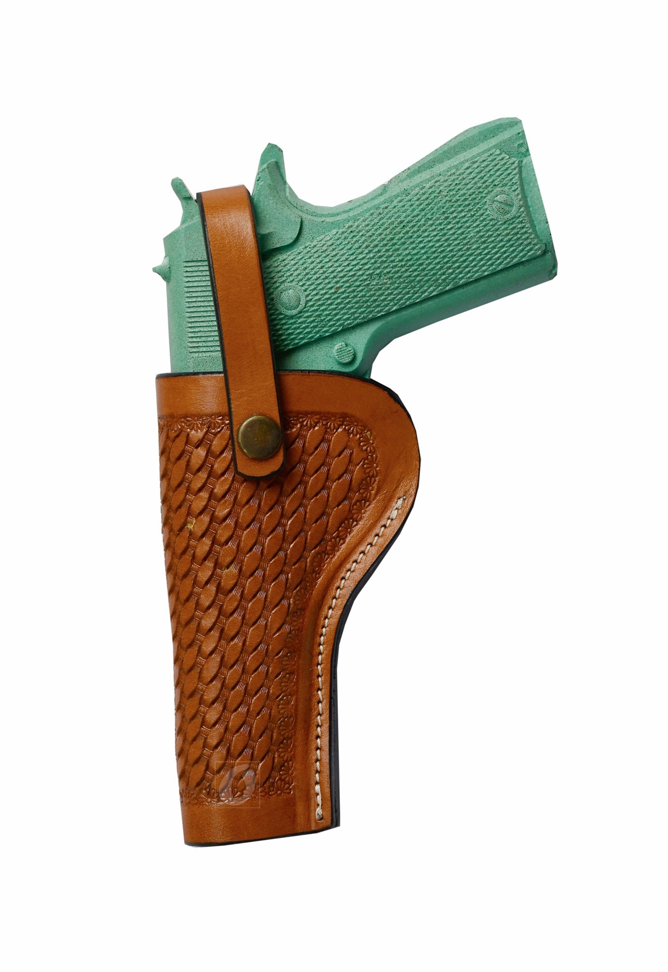 Left-handed tan leather holster for 1911, featuring deep basket weave tooling for a rugged look.