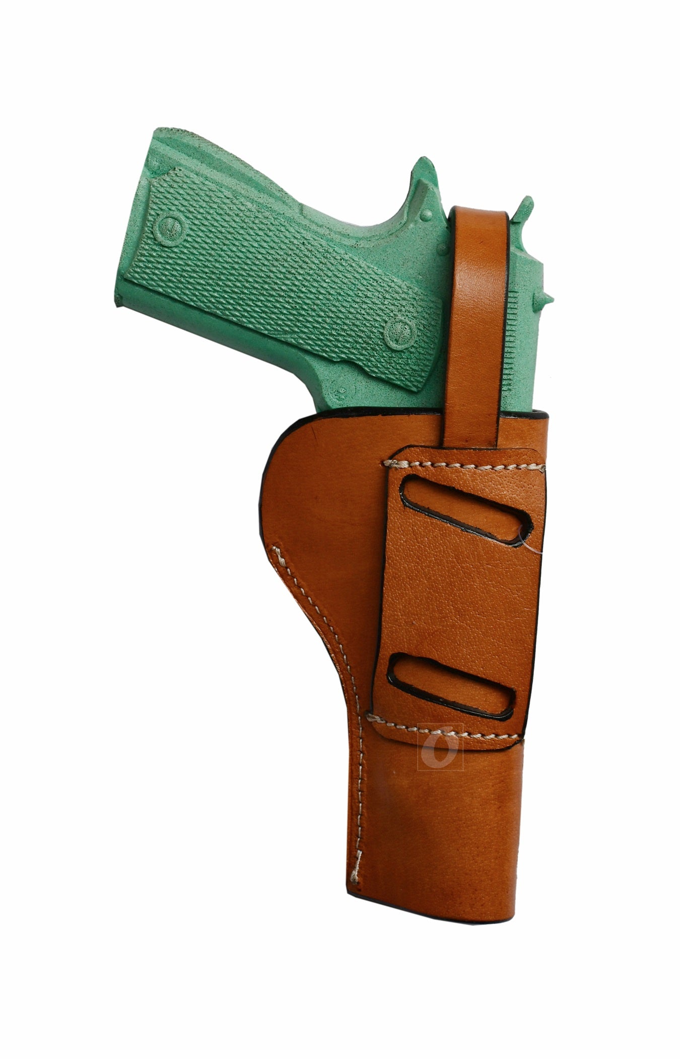 Rear view of a Western-style 1911 OWB holster, left handed built from premium tan leather with reinforced belt loops.