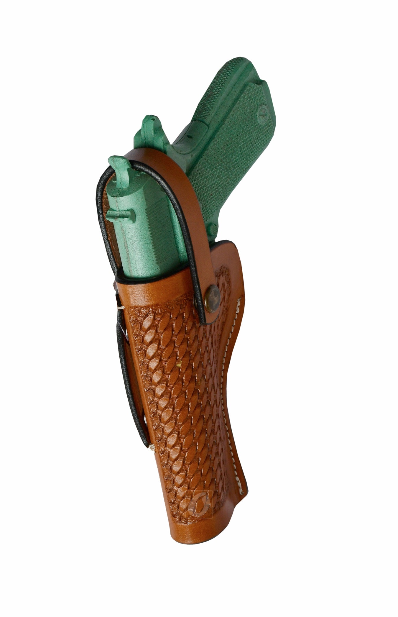 Angled view of a tan basket-tooled 1911 holster, left handed perfect for everyday carry or cowboy action shooting.