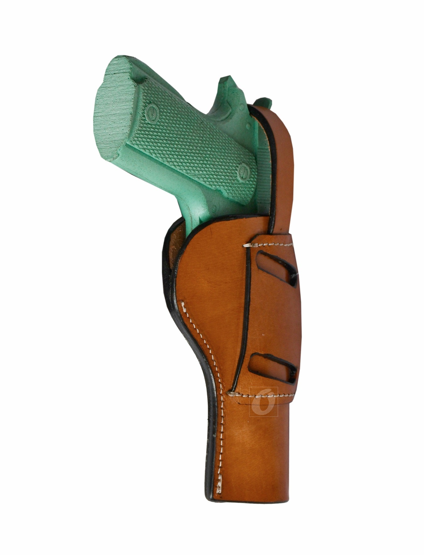 Side shot of a custom 1911 leather holster, left handed emphasizing durability and security.