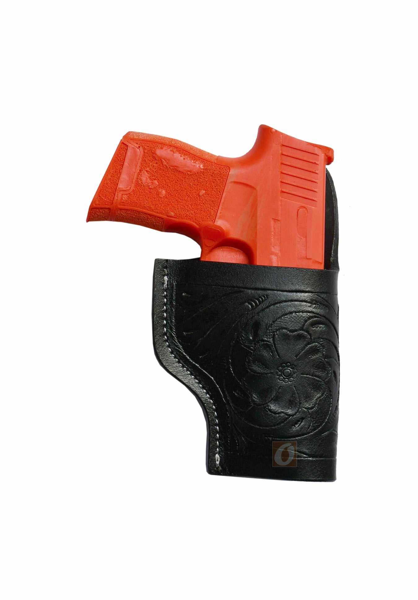 "Right-handed black leather holster with floral tooling, designed for Sig Sauer P365. This premium handcrafted gun holster combines Western-style craftsmanship with a secure and stylish fit.