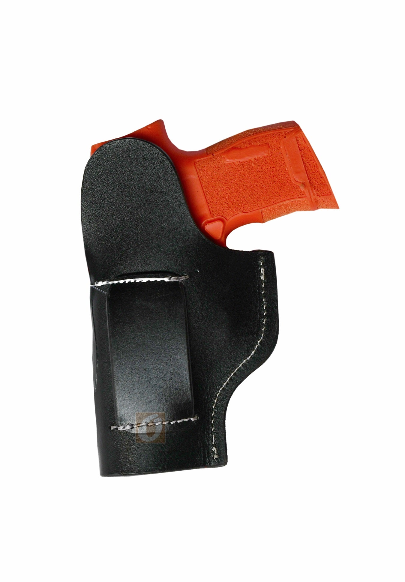 Western-style floral tooled black leather holster for Sig P365. A durable, right-handed leather gun holster providing secure firearm carry with intricate detailing for added flair.