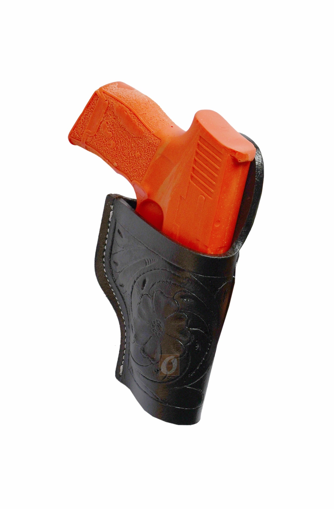 Black leather holster with detailed floral tooling, designed for Sig Sauer Defender and Sig P365. A durable, secure, and stylish holster for revolver and pistol owners alike.