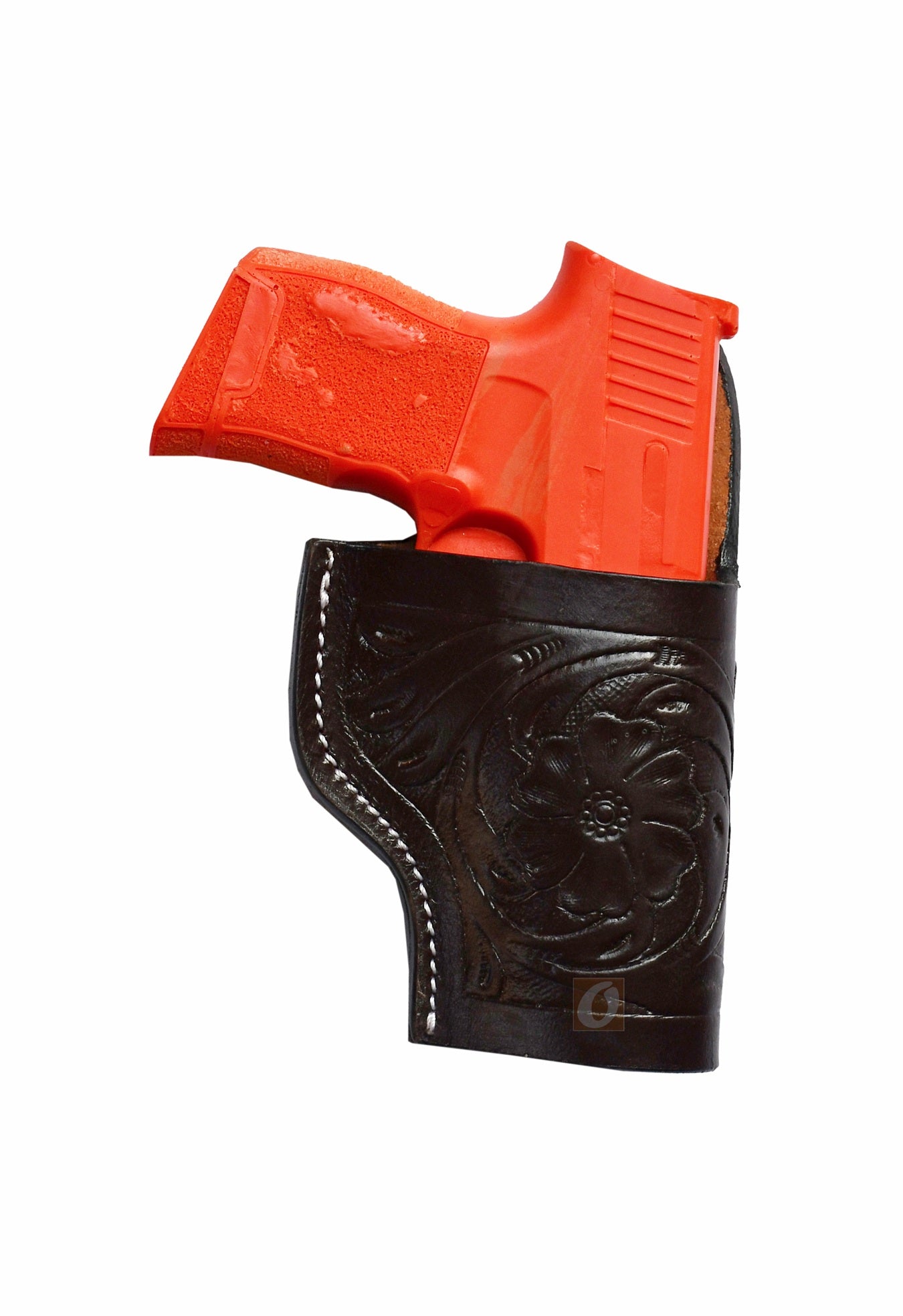 Handcrafted right-handed brown leather holster with floral tooling, tailored for Sig Sauer P365. A high-quality gun holster offering both function and Western-inspired design.