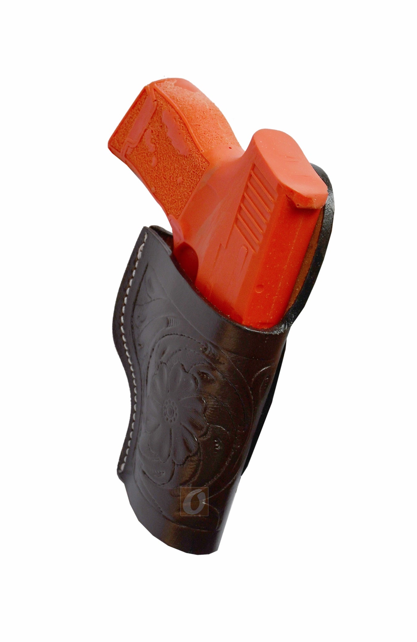 Right-handed brown leather holster with detailed floral tooling, designed for Sig Sauer. A premium leather gun holster offering a secure, comfortable fit with a touch of Western charm.