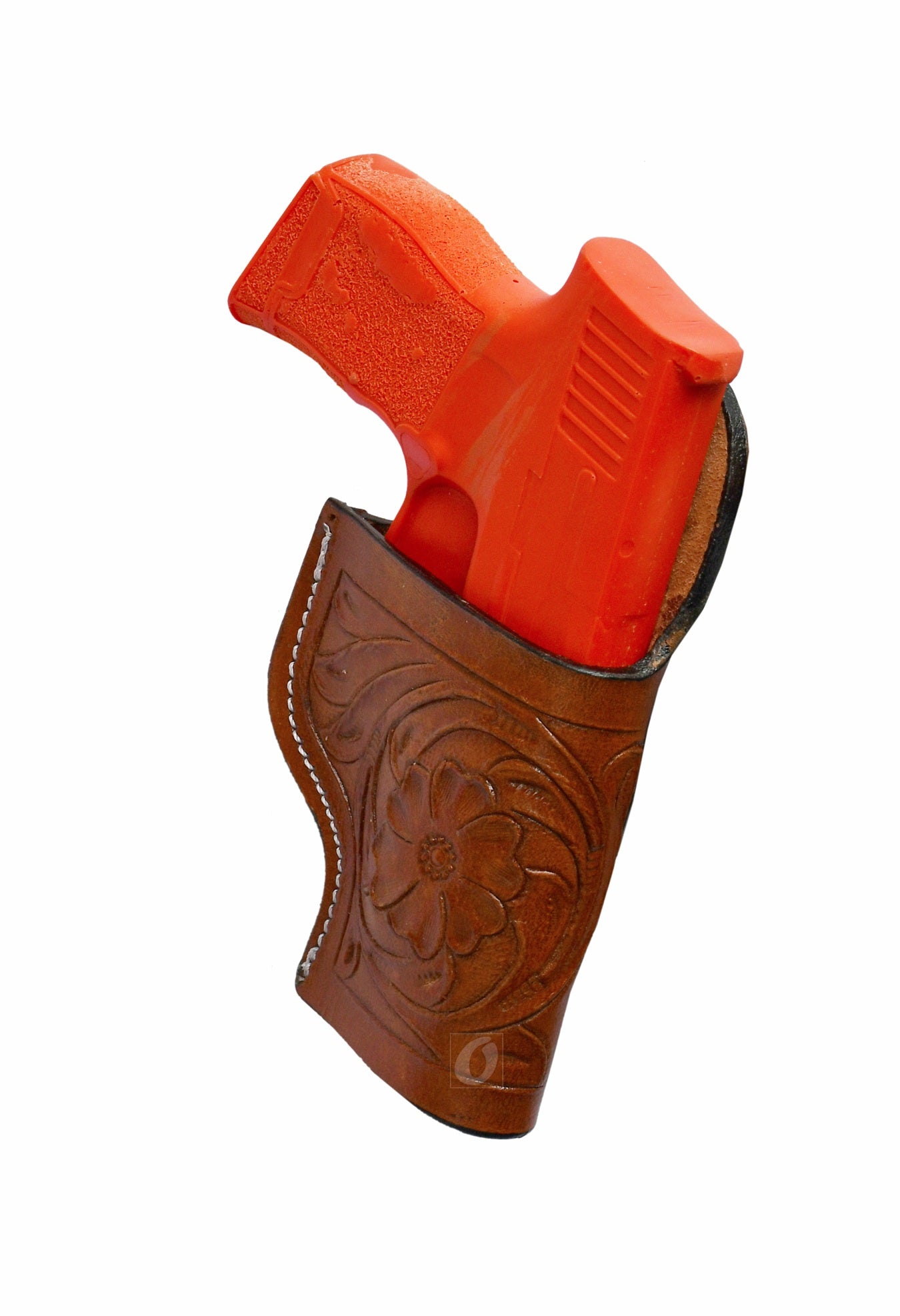 Western-inspired right-handed tan leather holster featuring floral tooling, tailored for Sig Sauer P365. A high-quality leather holster offering reliable performance and elegant design.