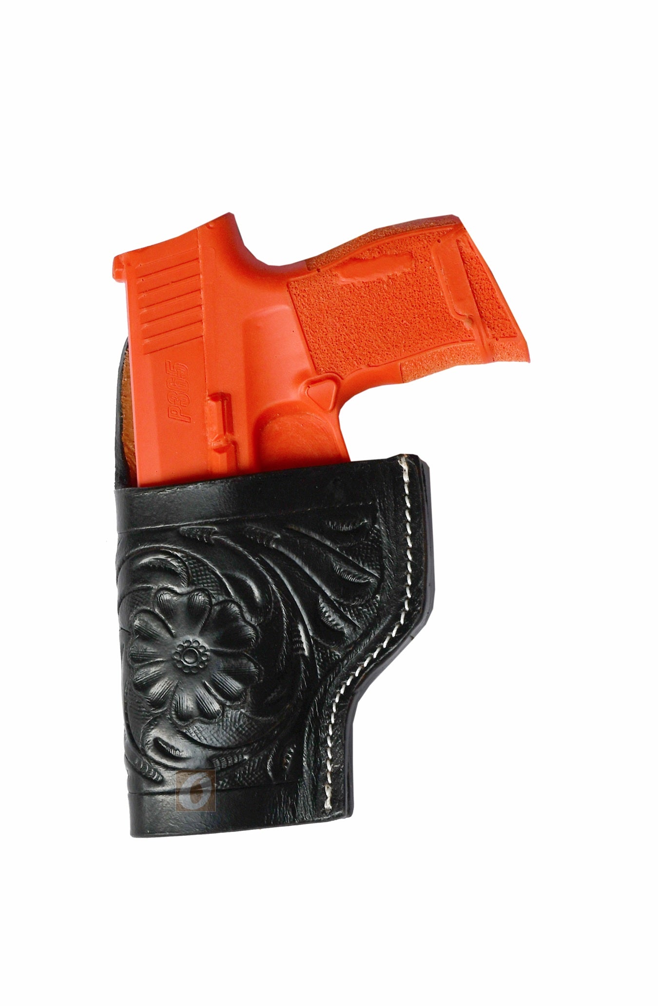 "Left-handed floral tooled black leather holster for Sig Sauer P365. A handcrafted gun holster designed for secure carry, blending Western-style craftsmanship with premium leather quality.