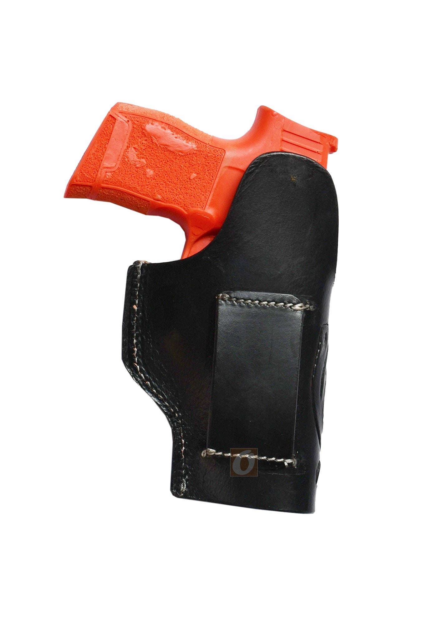 Western-style left-handed black leather holster with floral tooling, custom-made for Sig P365. This durable, stylish leather holster offers a perfect fit for your firearm.
