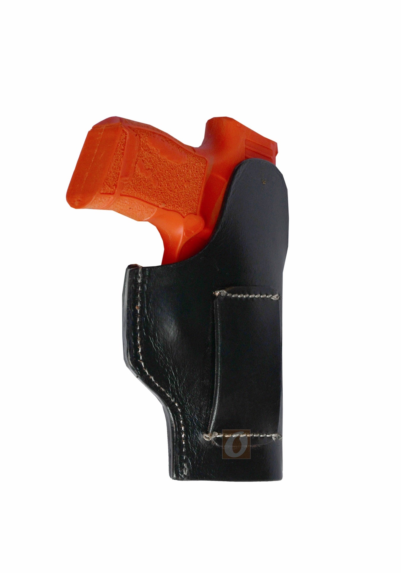 Left-handed black leather holster with intricate floral tooling, designed for Sig P365. A secure and durable Western holster that combines functionality with timeless design.