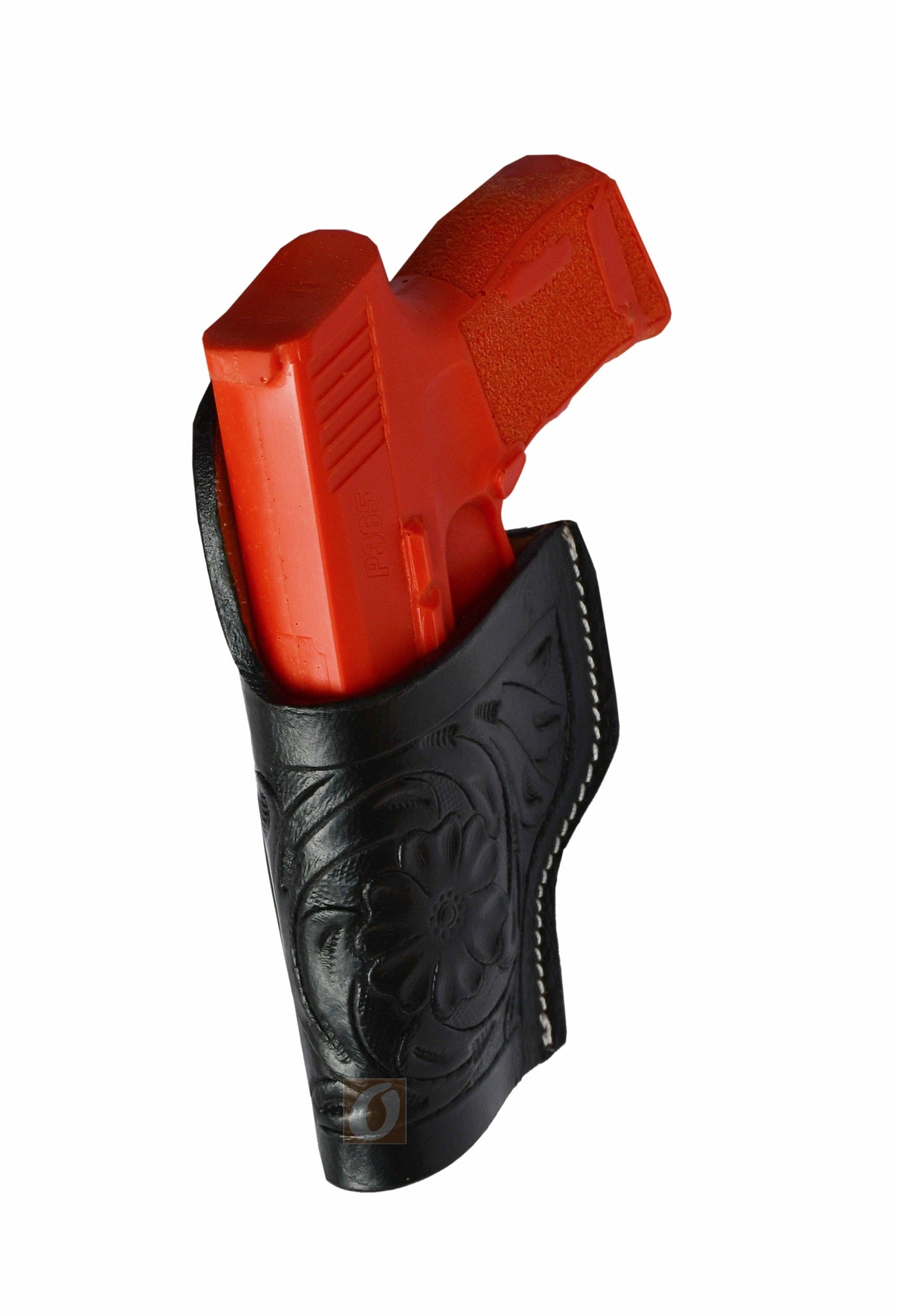 Premium left-handed floral tooled black leather holster for Sig Sauer P365. A high-quality gun holster that provides comfort, style, and reliability for everyday carry.