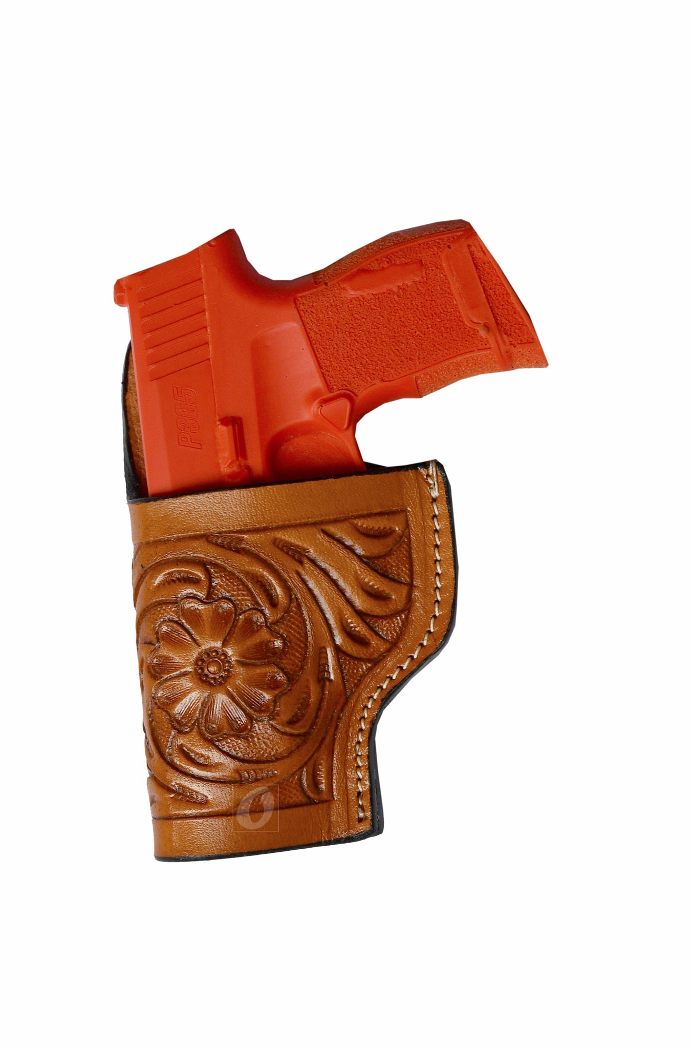 Left-handed floral tooled tan leather holster for Sig Sauer P365. A premium leather gun holster offering a secure fit with Western-style craftsmanship and elegant floral detailing.
