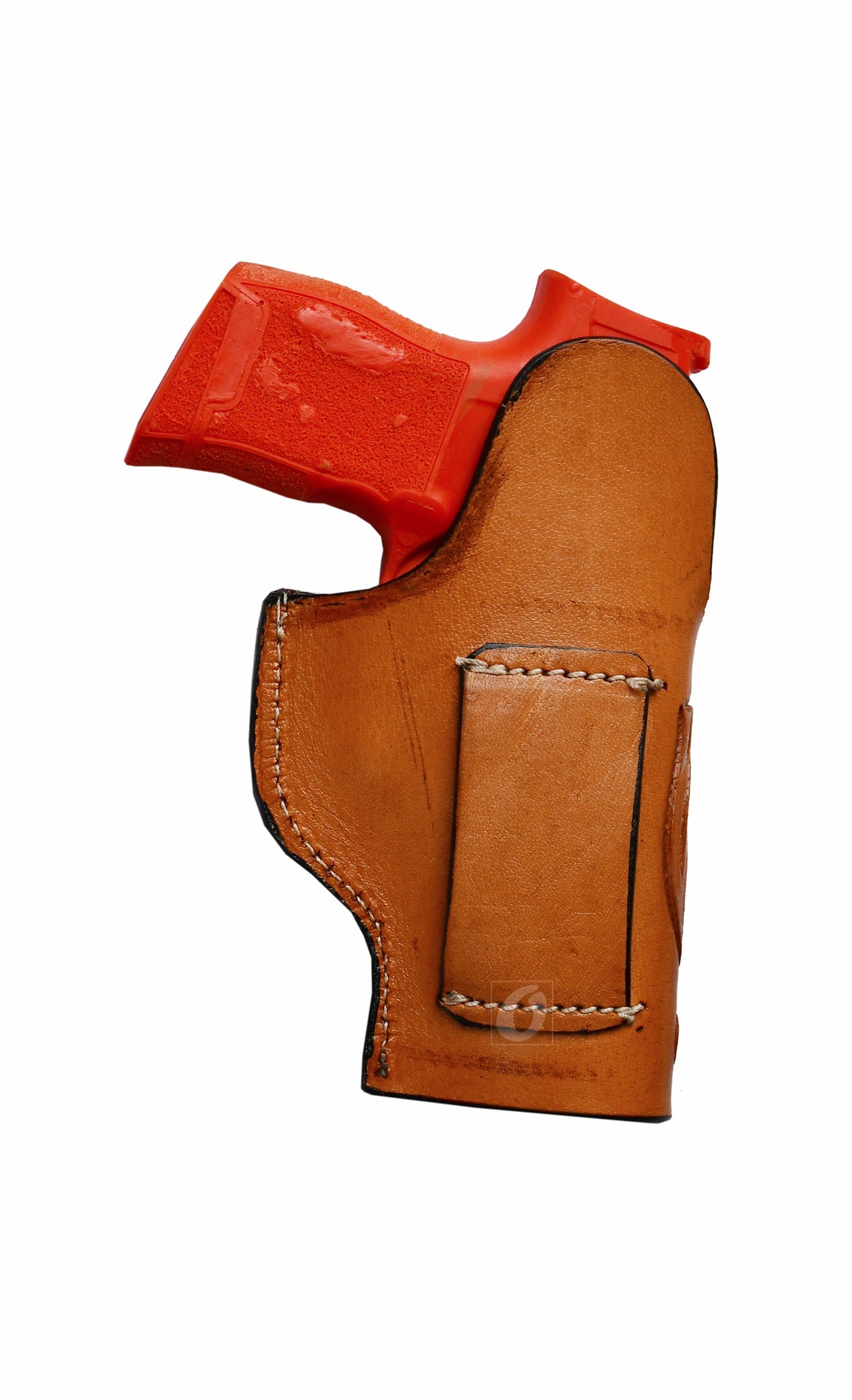 Western-style left-handed tan leather holster with floral tooling, designed specifically for Sig P365. This high-quality leather holster blends style, comfort, and durability.