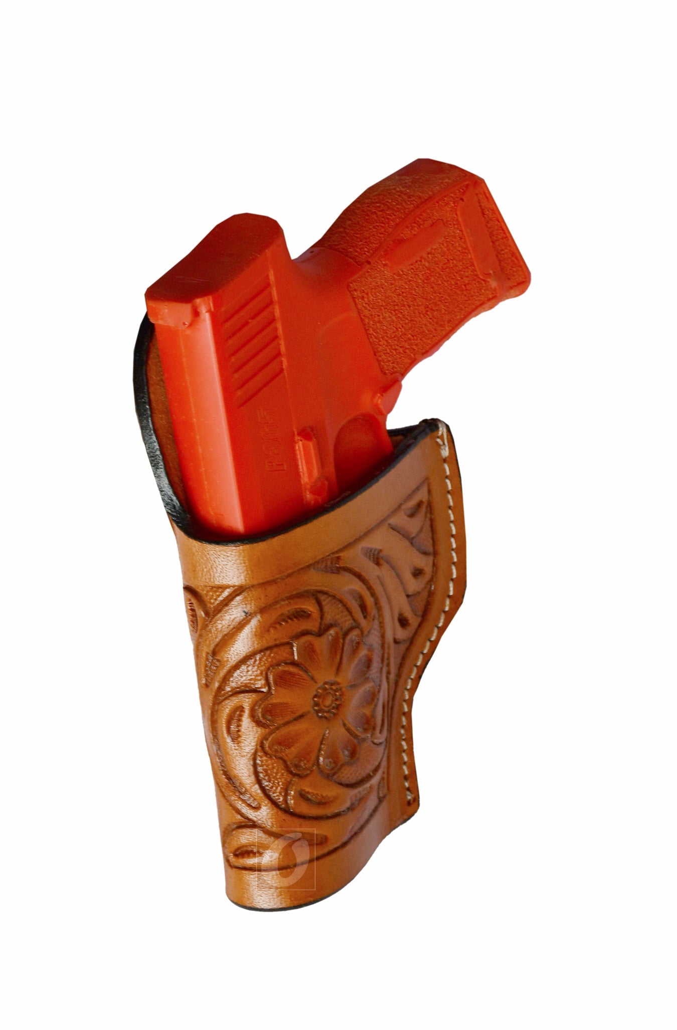 Handcrafted left-handed tan leather holster with intricate floral tooling, tailored for Sig Sauer P365. A durable and stylish gun holster perfect for daily carry and Western holster enthusiasts.