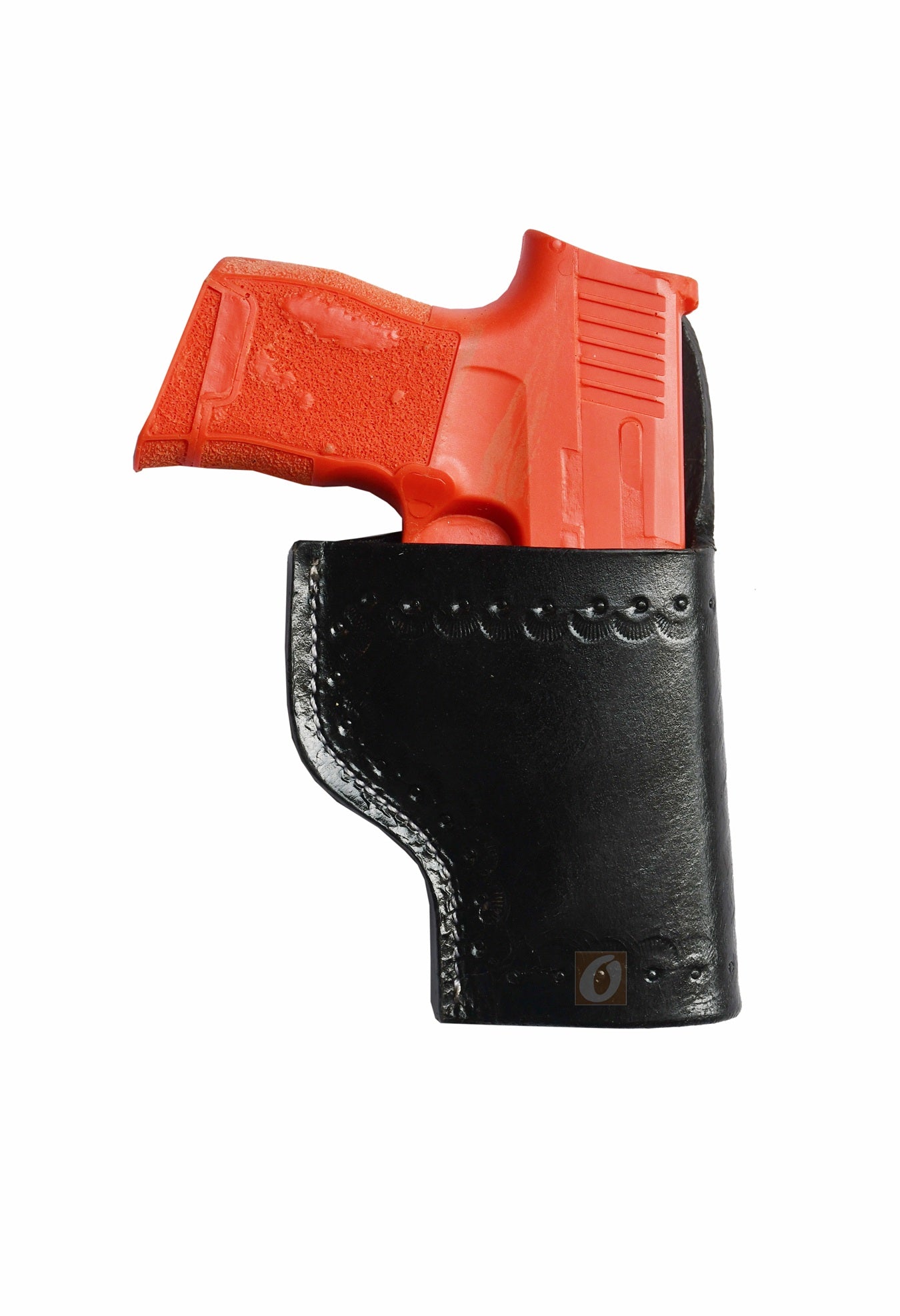 "Right-handed seashell tooled black leather holster for Sig Sauer P365. A premium leather gun holster that combines intricate seashell detailing with Western craftsmanship for a stylish and secure fit.