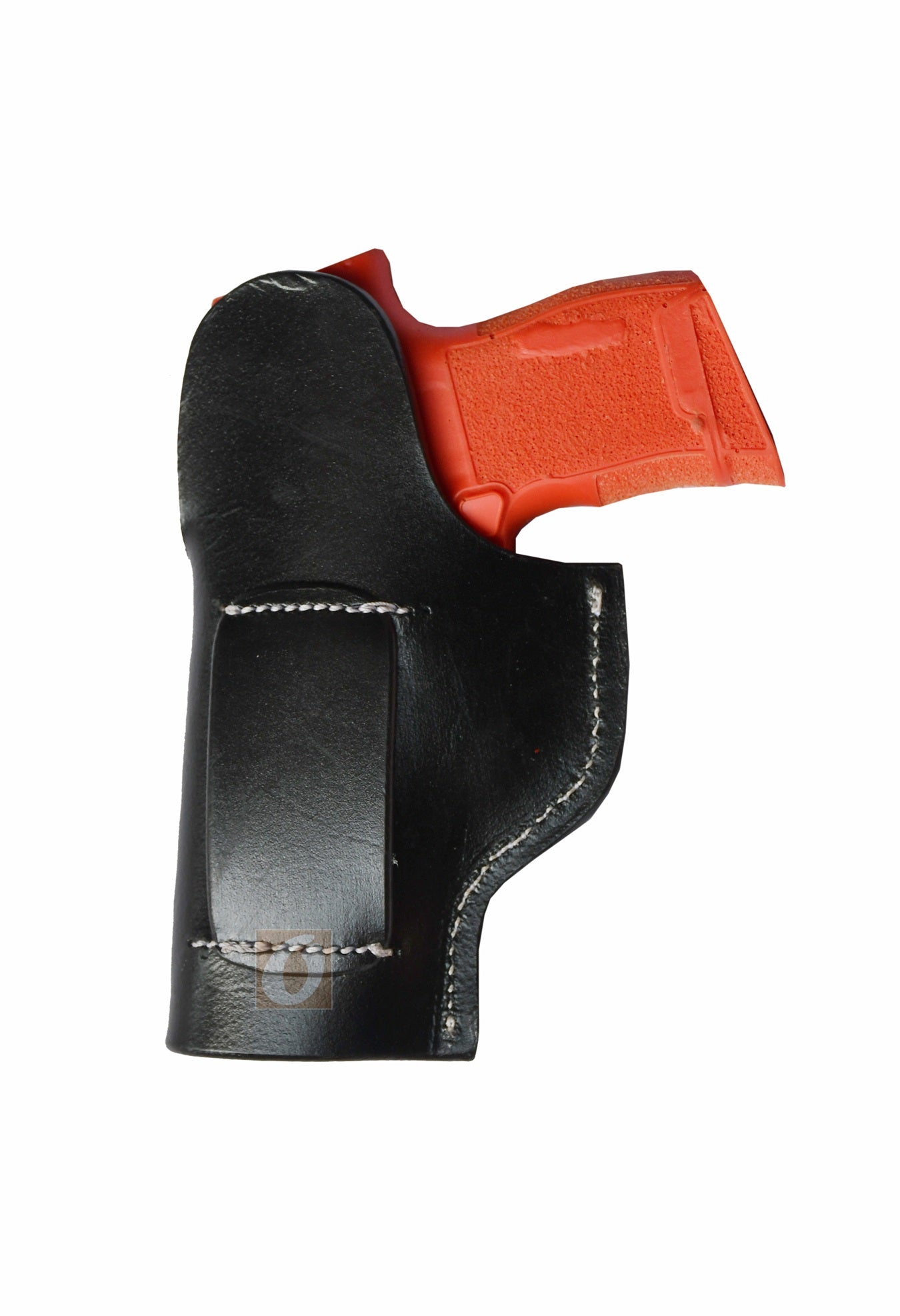 Western-style right-handed black leather holster with seashell tooling, custom-made for Sig P365. A durable, high-quality gun holster offering both functionality and a unique coastal-inspired design.