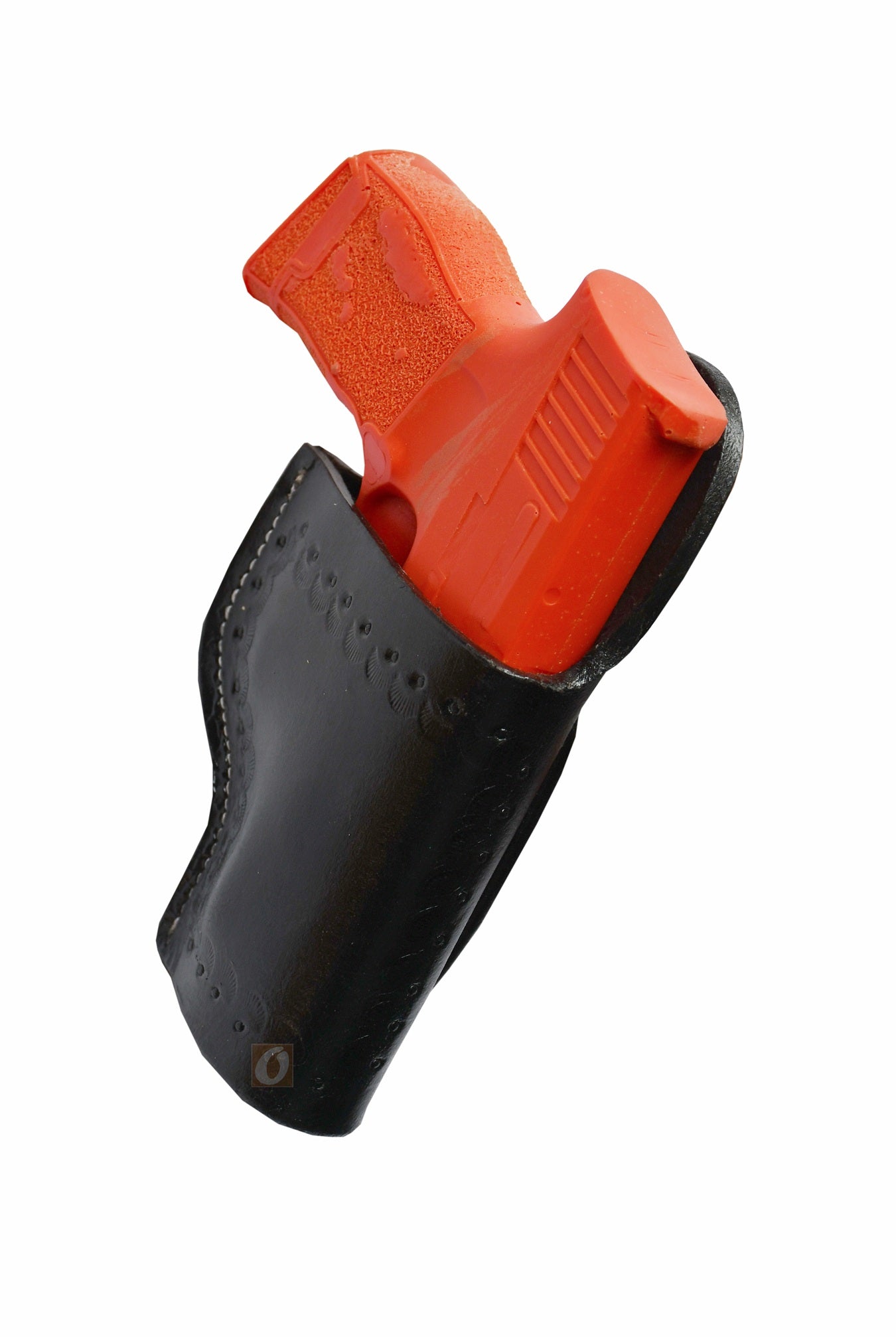 Handcrafted right-handed black leather holster featuring seashell tooling, designed for Sig Sauer P365. A sleek and secure leather holster perfect for everyday carry and Western holster enthusiasts.