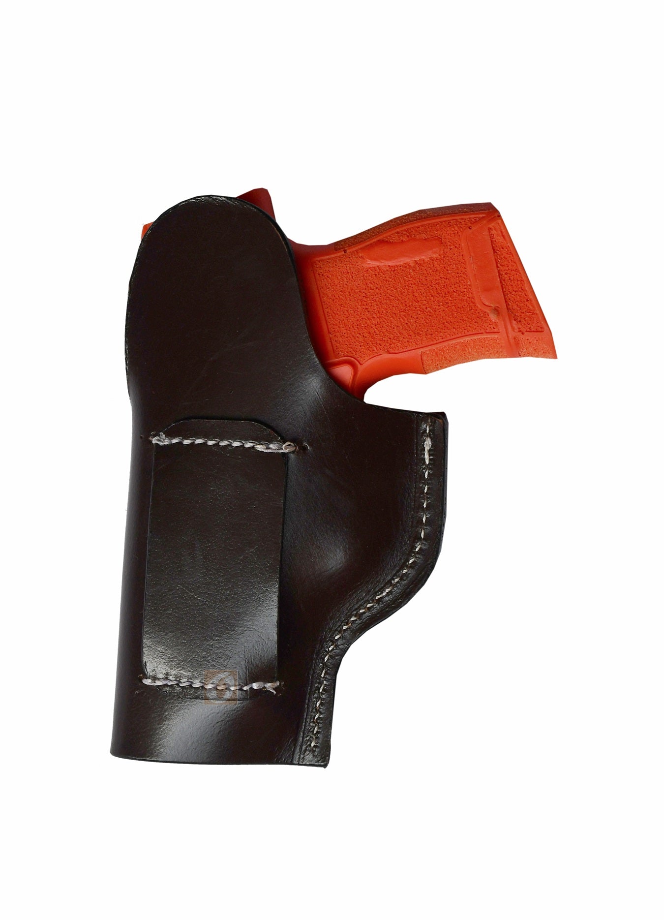Western-style right-handed brown leather holster with seashell tooling, tailored for Sig P365. A durable and stylish leather holster combining coastal-inspired design with reliable firearm carry.