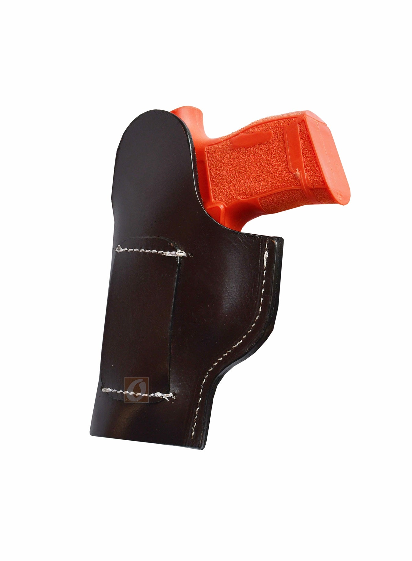 Handcrafted right-handed brown leather holster featuring seashell tooling, designed for Sig P365. A sleek, durable holster offering a unique design and perfect fit for daily carry.
